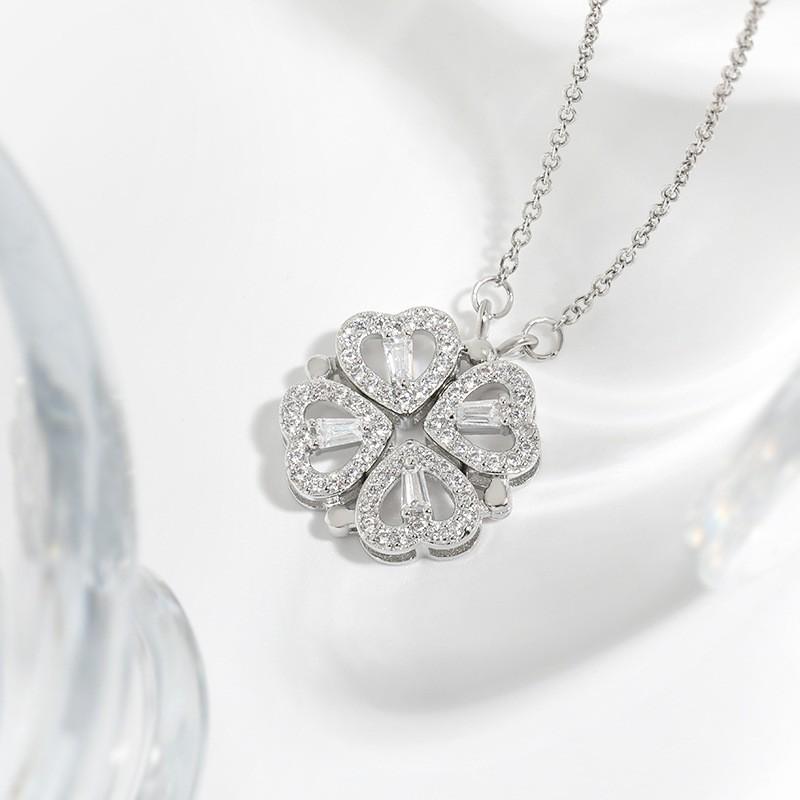 Magnetic Double-Wear Rhinestone Heart Necklace With Interlocking Hearts Clover Pendant Women White Gold Two-Way Wearable Necklace