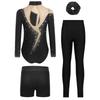 Ensemble de gymnastique et de danse pour filles Manches longues Dos avec découpe Strass Scintillants Justaucorps avec Short Leggings Bandeau pour Cheveux