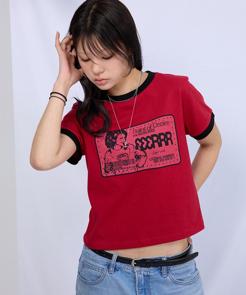 EEERRR Saint Licence Artwork Semi-Crop Ringer T-Shirt (Red)