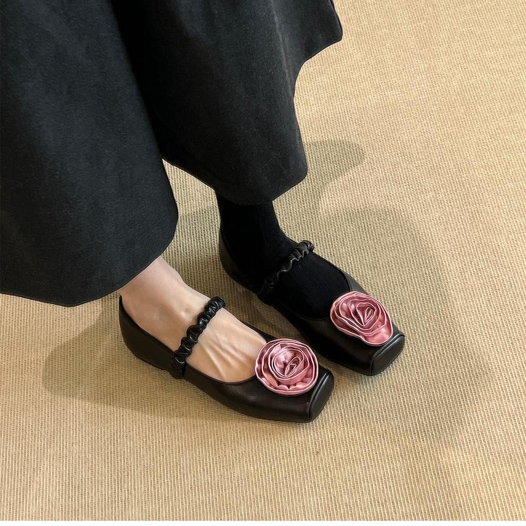 2026 New Spring Genuine Leather French Retro Flower Mary Jane Shoes Super Cute Flat Black Women's Shoes