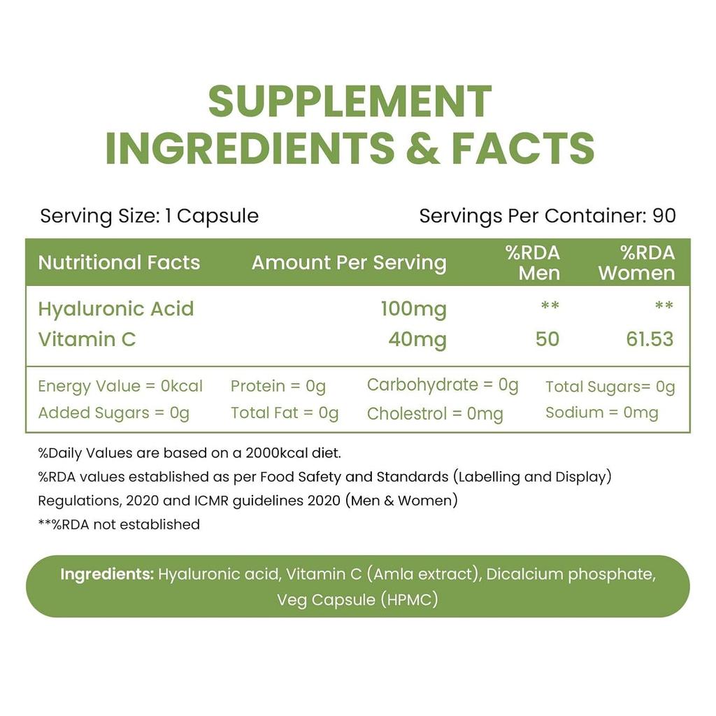 Vlado’s Himalayan Organics Hyaluronic Acid 100 mg Capsules For Skin Hydration Joint Support Supplement 90 Veg Capsules