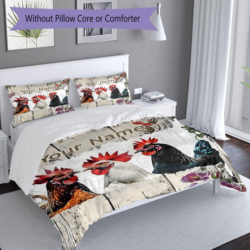 3PC Custom Name Rustic Farmhouse Chickens Bedding Set Duvet Cover Closure Includes 1 Duvet Cover & 2 Pillowcases for Bedroom