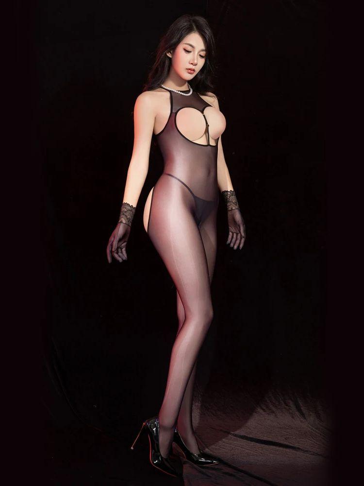 Sexy Women Sheer See Through Oil Glossy Shiny Elastic Bodysuit Bodycon One-Piece Thong Silky Tights Cosplay Maid Leotard