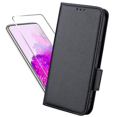 Tempered Glass + For Samsung Galaxy S20 4G-5G 6.2" Black Litchi Stripe Cover Case PU Leather Phone Case Wallet HJLZW