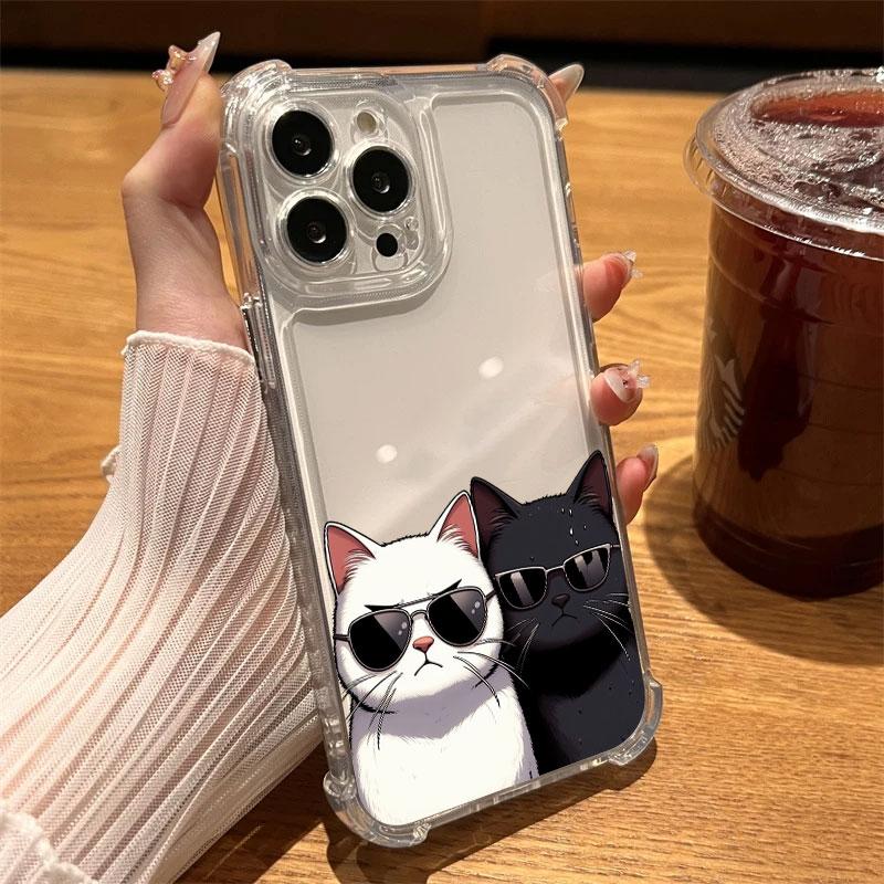 

Glasses Wearing Black White Cat Cartoon Phone Case Clear For iPhone 17 16 14 15 11 12 13 Pro Max 16E 15 16 Plus 17Air Soft Cover iPhone 11 Pro