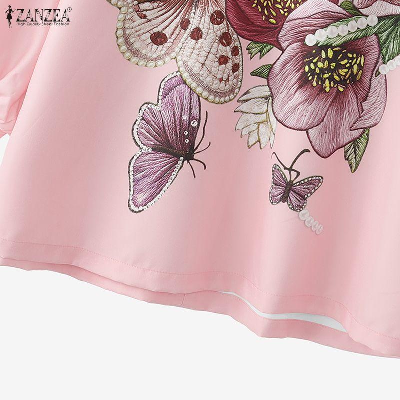 ZANZEA Women Casual Round Neck 3/4 Sleeve Loose Print Blouse