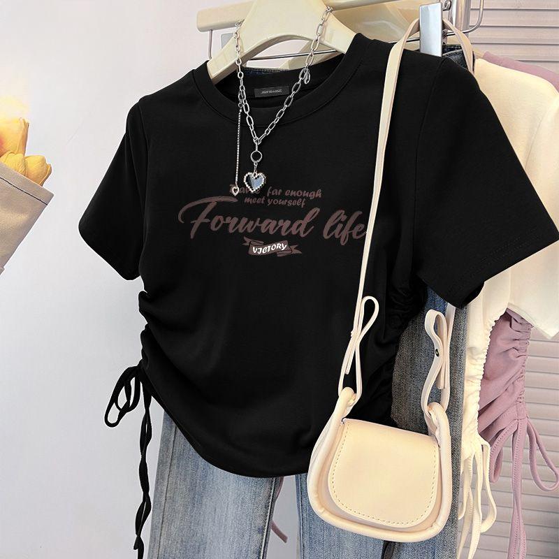 Retro Drawstring Crop Top Women Short Sleeve T Shirt Vintage Summer Clothes