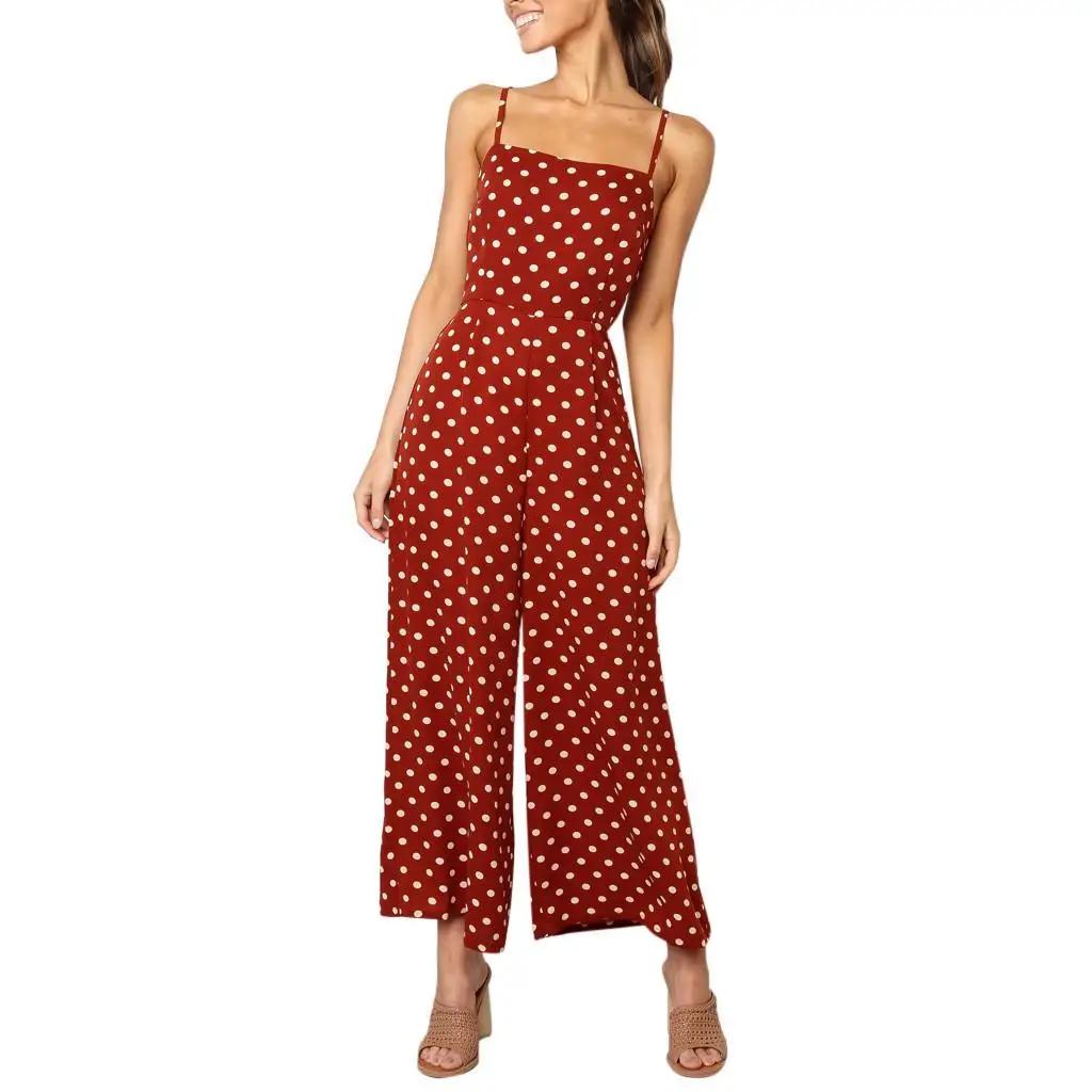 Women Long Jumpsuit Backless Strappy Playsuit Polka Dot Holiday Wide Leg Pants