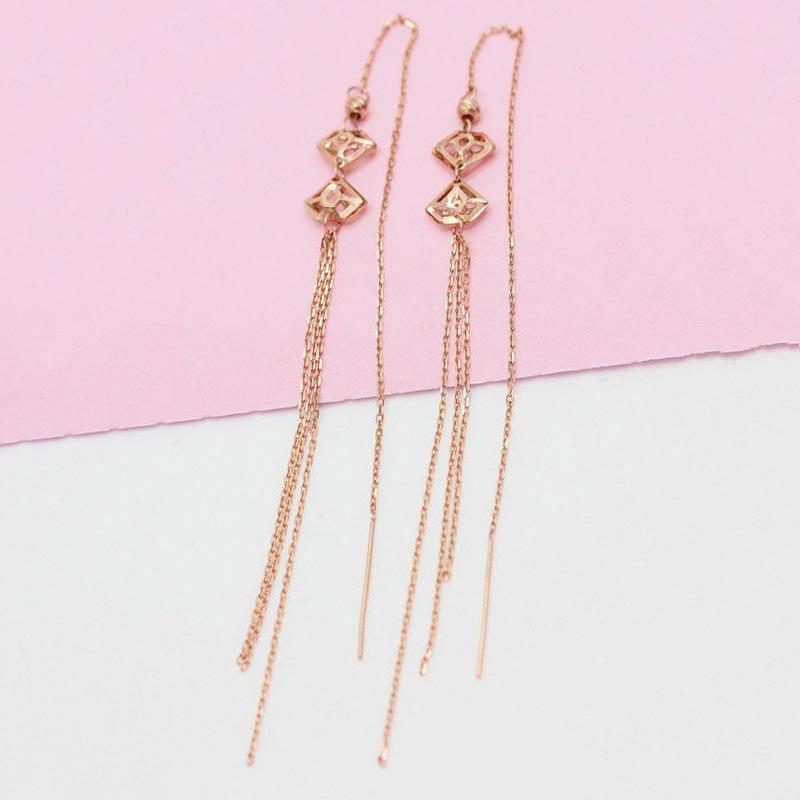 Цвет Золотой Фиолетовый Золотой Двойное Персиковое Сердце Поток Ушная Линия Позолоченные Серьги Розовое Золото Высококлассная Иностранная Мода Длинные