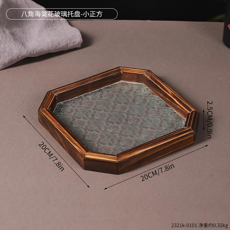 Retro Begonia Flower Glass Tray Chinese Tea Tray Octagonal Wooden Pastry Household Shooting Props