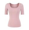 Micro-transparent U-neck medium-sleeved T-shirt women's summer new American Spice Girl solid-color slim-fitting front shoulder and bottom top
