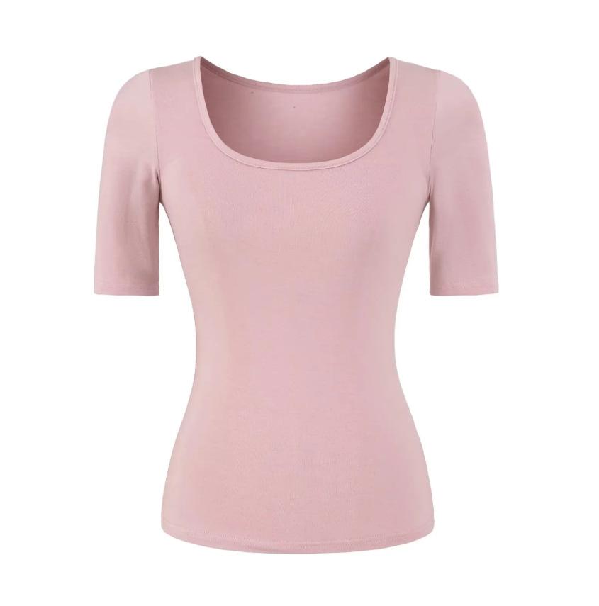 Micro-transparent U-neck medium-sleeved T-shirt women's summer new American Spice Girl solid-color slim-fitting front shoulder and bottom top