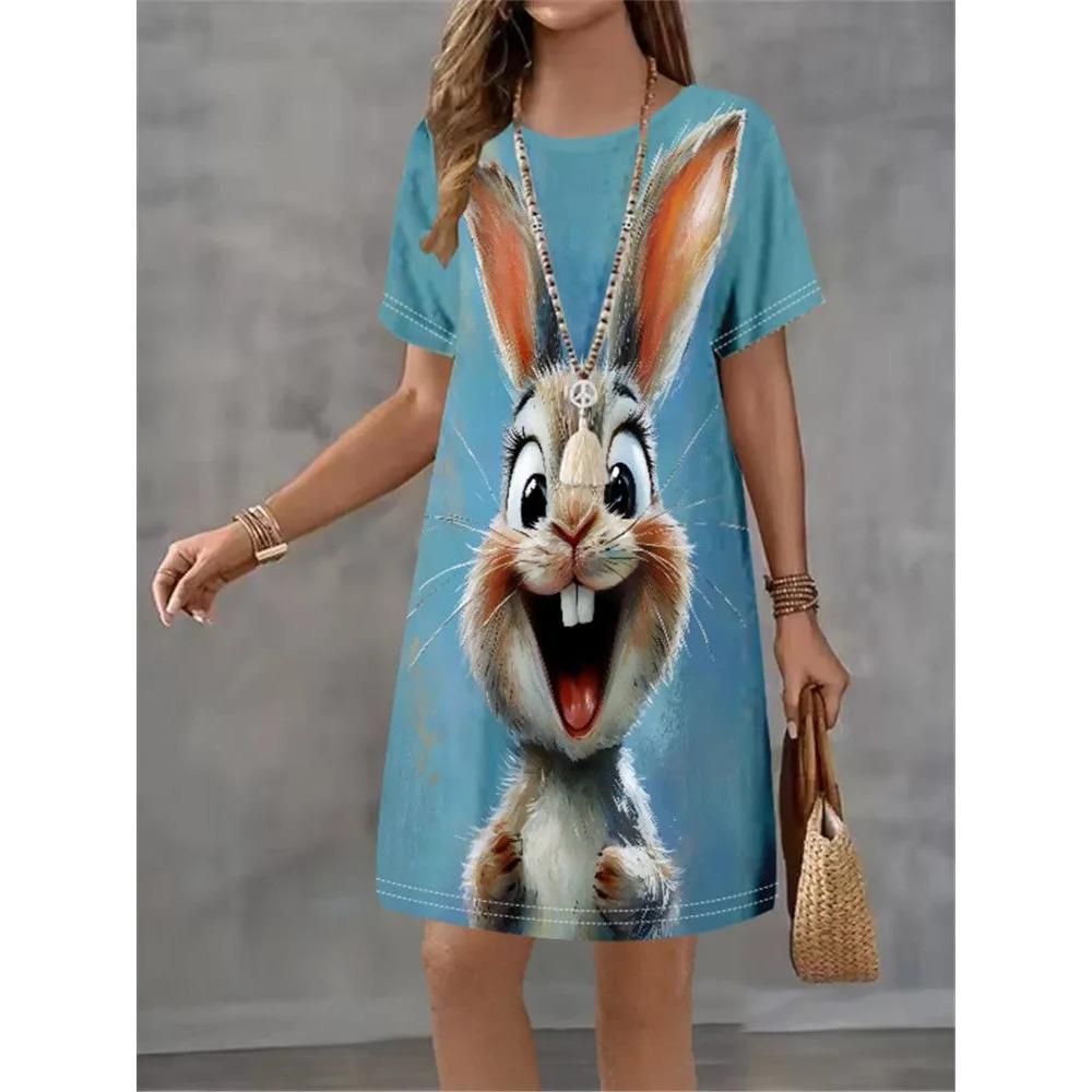 Summer Fashion Cute Rabbit Colorful Animal Printed Dress Ladies Loose Casual Oversized Comfortable Dress