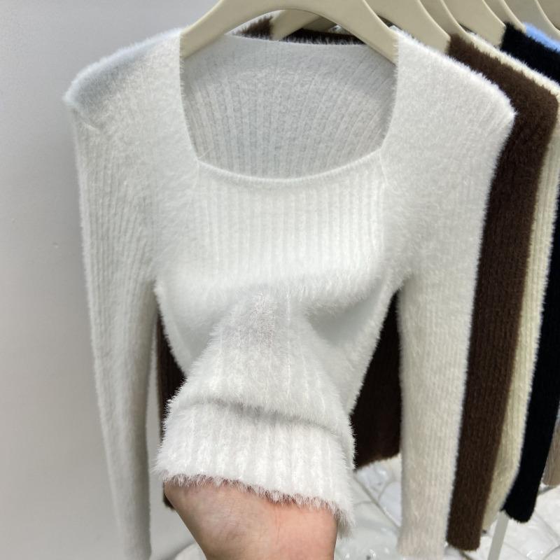 Autumn and winter inner bottoming shirt slim top solid color irregular square neck mink fleece sweater knitted sweater One size fits all recommended 80-60kg 2890₽