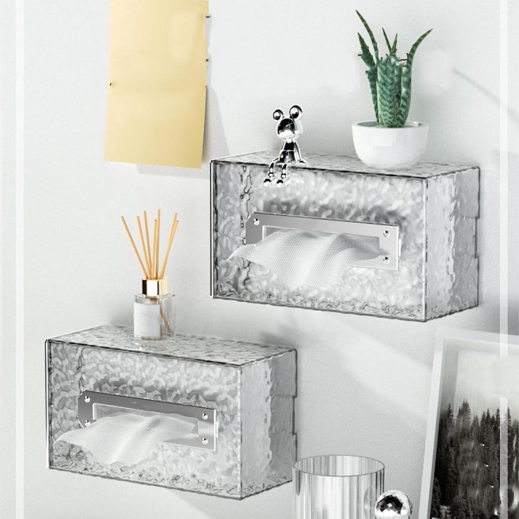 Tissue Box, Wall Mounted Tissue Box Cover Clear Plastic Napkin Holder Rectangular Facial Tissue Dispenser for Bathroom(Silver)