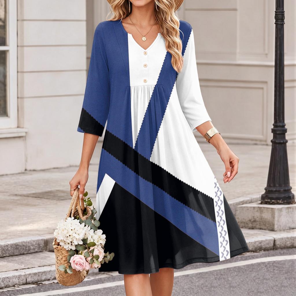 Damen Casual Kleid mit Blumenprint, V-Ausschnitt und 3/4 Ärmeln
