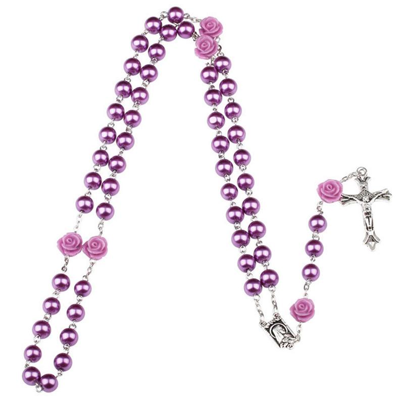 Catholic Purple Glass Beads Rosary Necklace For Women INRI Cross Crucifix Pendant Rose Chain Religion Jewelry