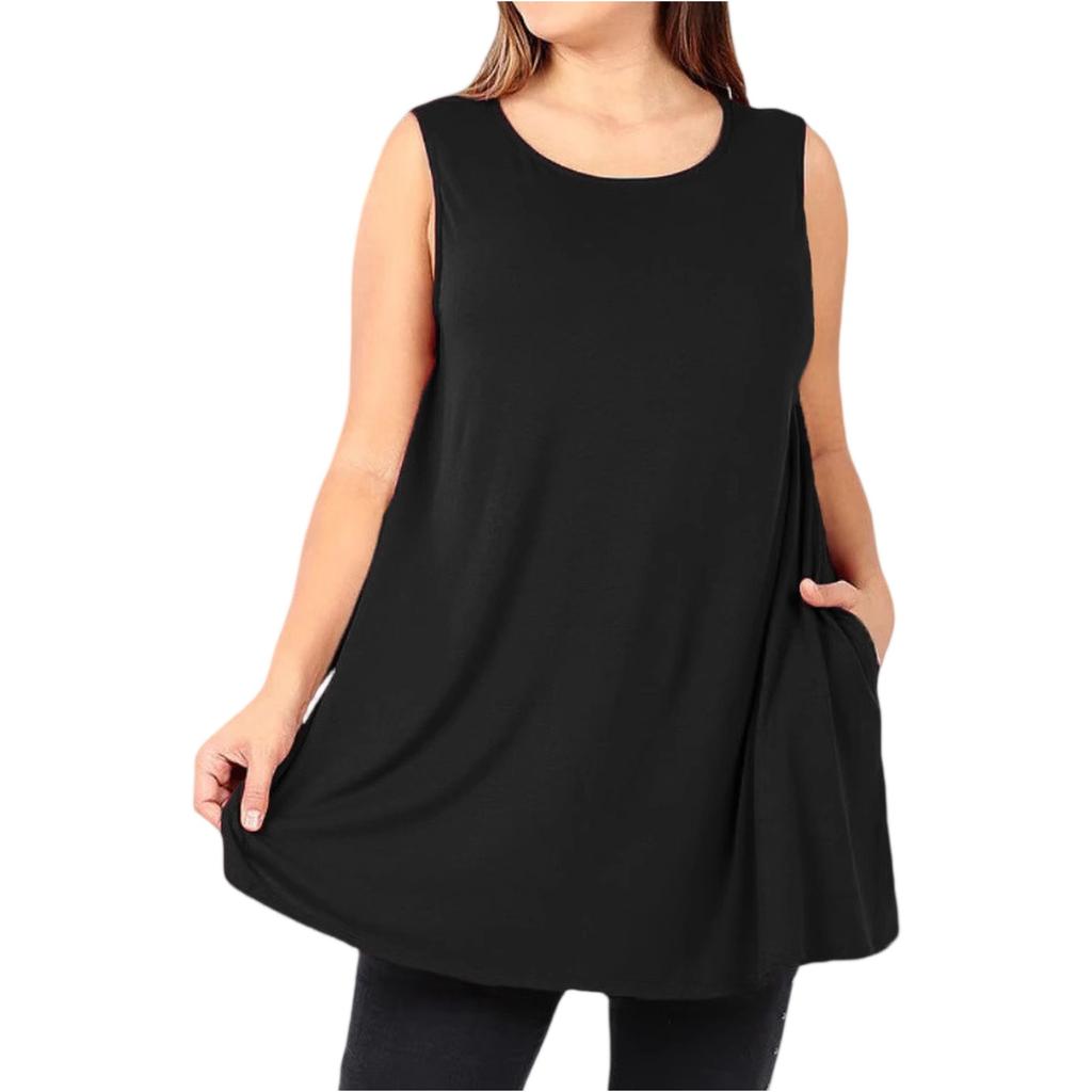 Women's Plus Size Sleeveless Casual Loose Fit Tank Top with Pocket Round Neck Comfortable Relaxed Tunic Vest for Daily Wear