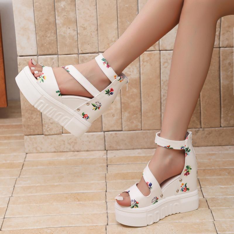 Fashion Rose Print Wedge Heel Ankle Strap Sandals Women 2025 Summer Rear Zip Chunky Platform Sandals Fashion Super High Heel Shoes