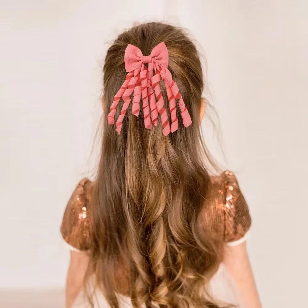 RAINBOW BOWS Grosgrain Ribbon Long Hair Ties Bows for Baby Girls Curly Hair Bows Elastic Colorful Kids Hair Band 2Pcs/lot Whole