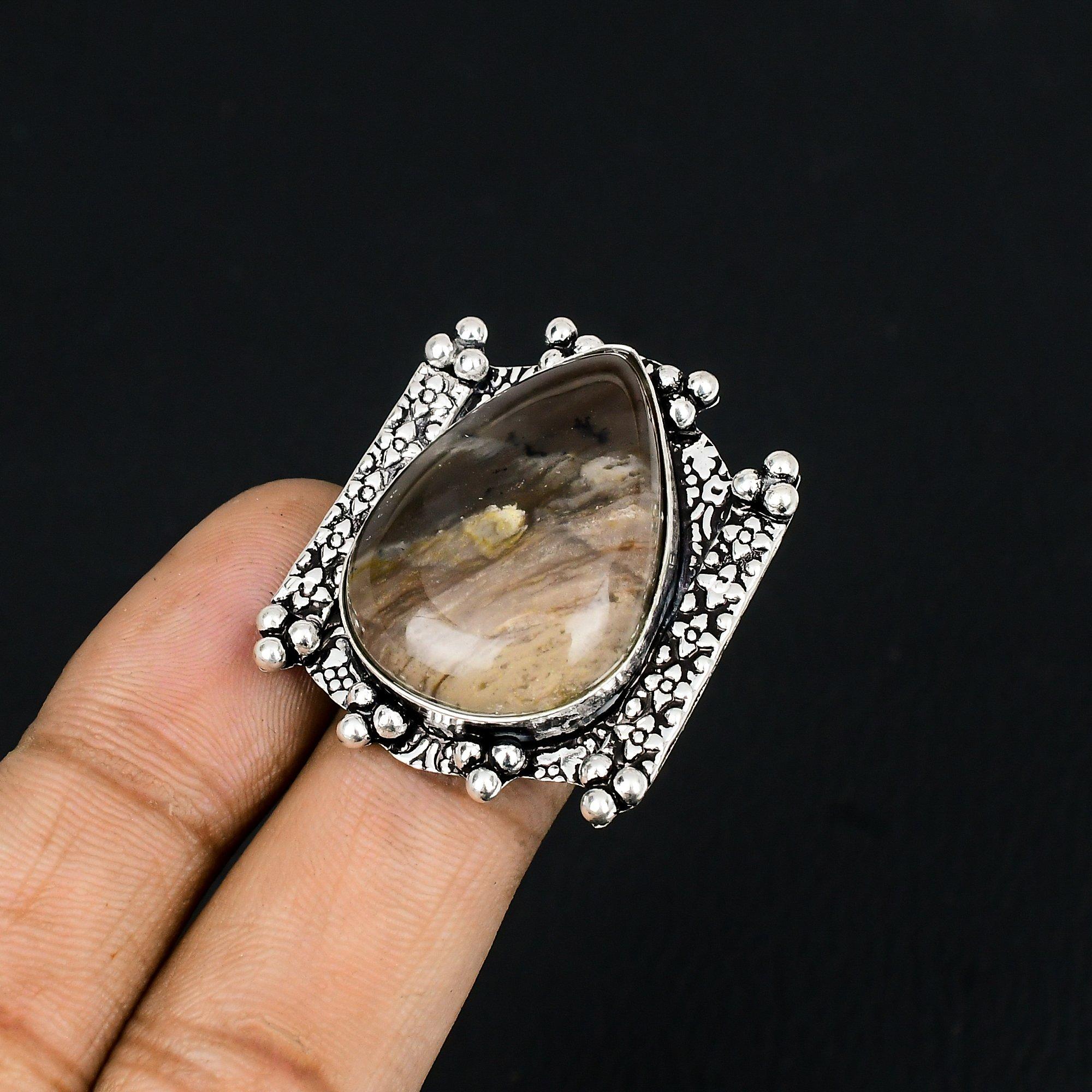 Natural Petrified Wood Jasper 925 Silver Multi Stone Ring Size 7.5 For Women 7.5