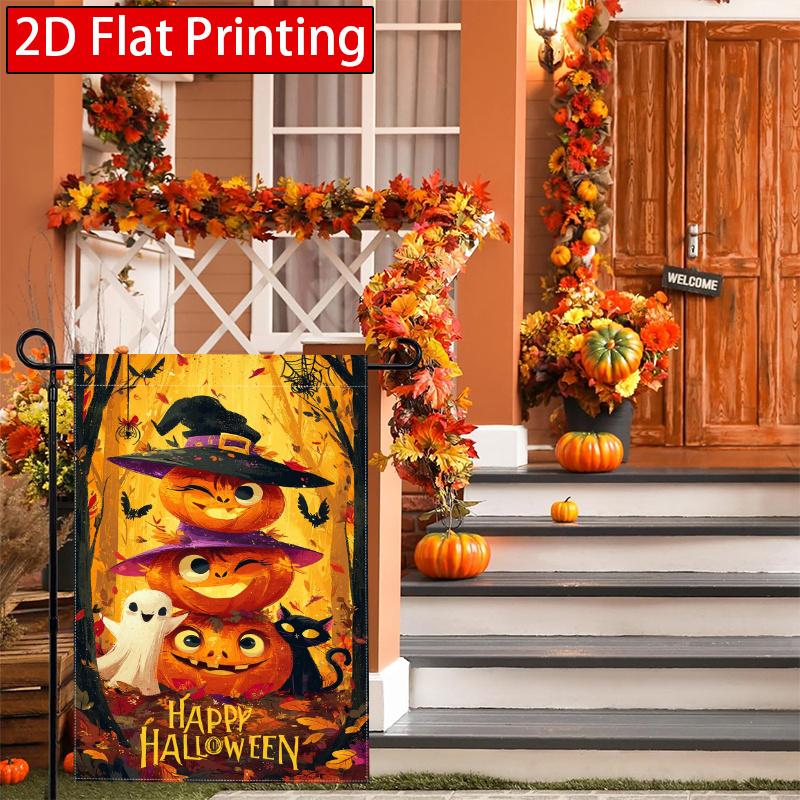 2D Flat, 2D Flat Triple Layered Placement of Wizard Pumpkin Black Cat Halloween Garden Flag_1-28x40 Inch Outdoor Garden Flag Double-sided Home Decorat