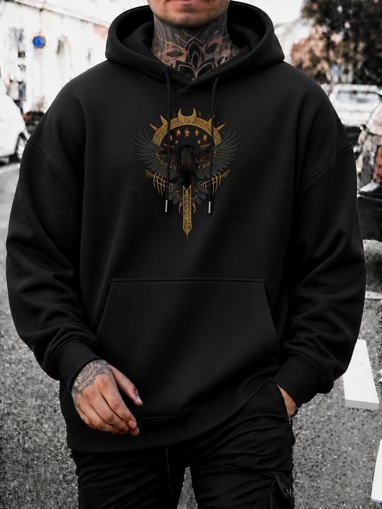 unisex Hoodie, Halloween, Golden Eagle And Crown Graphic, Pullover Sweatshirt, Streetwear Gothic Style, Autumn Winter Outdoor Wear, Front Pocket And D