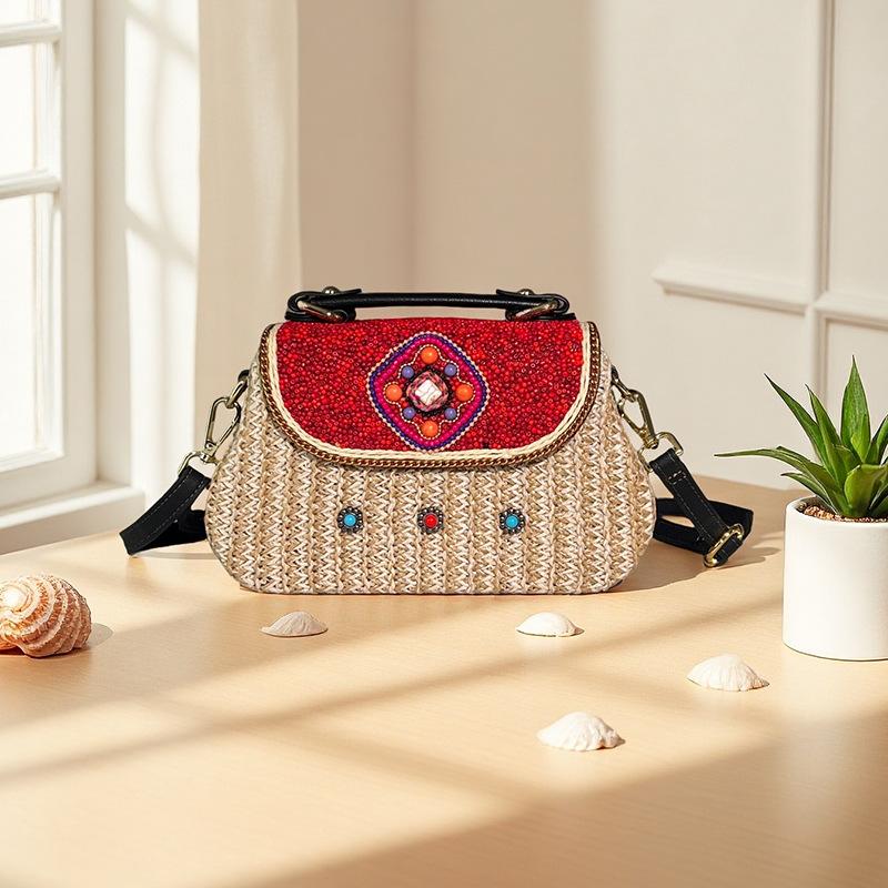 Boho Beaded Rattan Crossbody Bag, Vacation-Ready Shoulder Purse with Essentials Organizer - Lightweight Woven Phone & Keys Holder for Travel