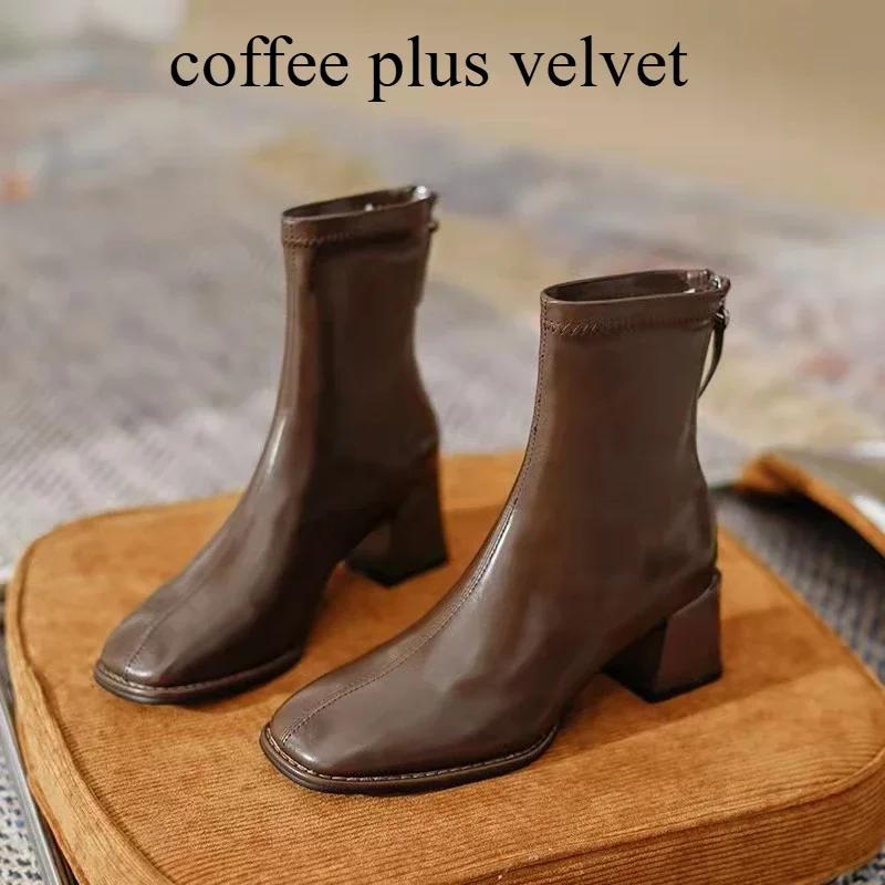 Women Outdoor Square Toe Ankle Boots Women Comfortable Fashion Designer Shoes Mid Heels Zipper Boots Big Size Shoes For Women
