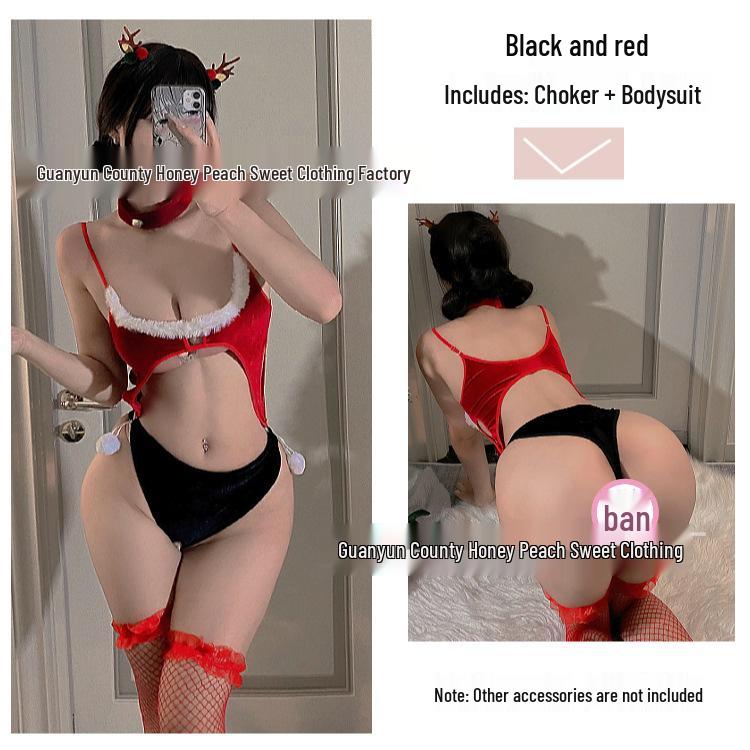 Christmas Erotic Plush Open Crotch Bodysuit - Sexy Couples Flirt Sleepwear for Autumn/Winter