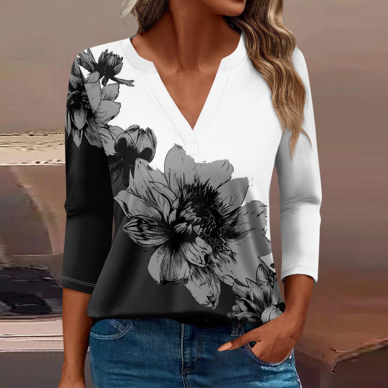 

Женская футболка Футболка с принтом Рукав 3/4 Повседневные Выходные Мода Базовый V-образный вырез Обычный топ XXXL белый