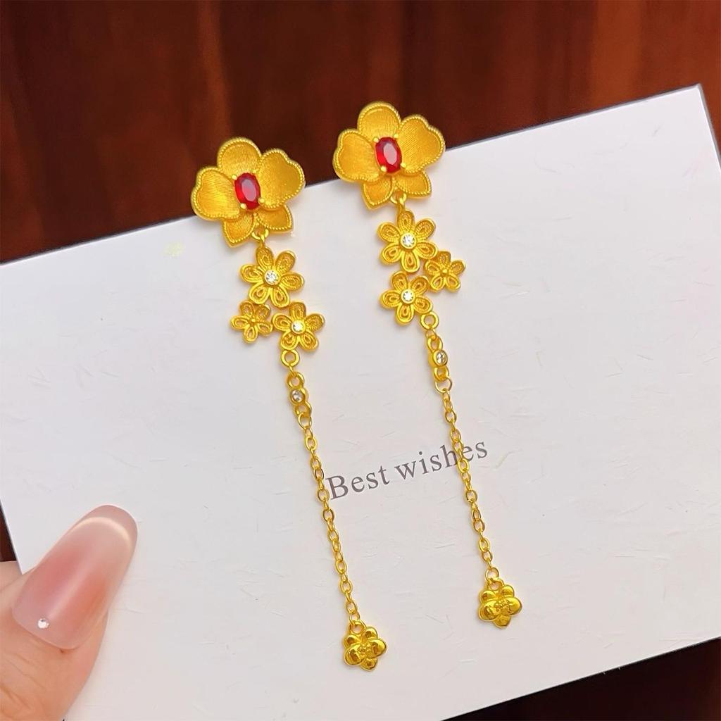 Xiaohongshu-Inspired Luxurious Gold Silk Flower Tassel Earrings for Women