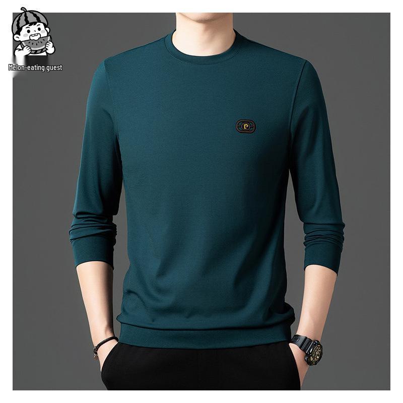 Men's Slim Fit Long-Sleeve T-Shirt, Round Neck, Solid Color, Roma Fabric, Pullover, Printed Sweatshirt