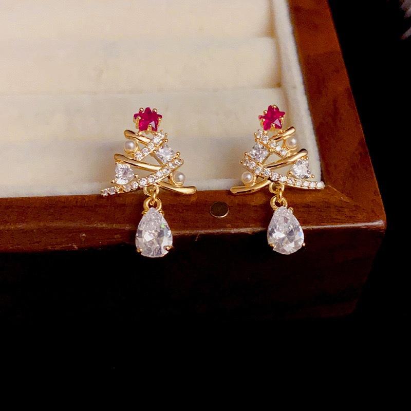 European And Korean Light Luxury Exquisite Earrings For Women, Inlaid With Zircon Christmas Tree Earrings, Fashionable Christmas Trend Explosion