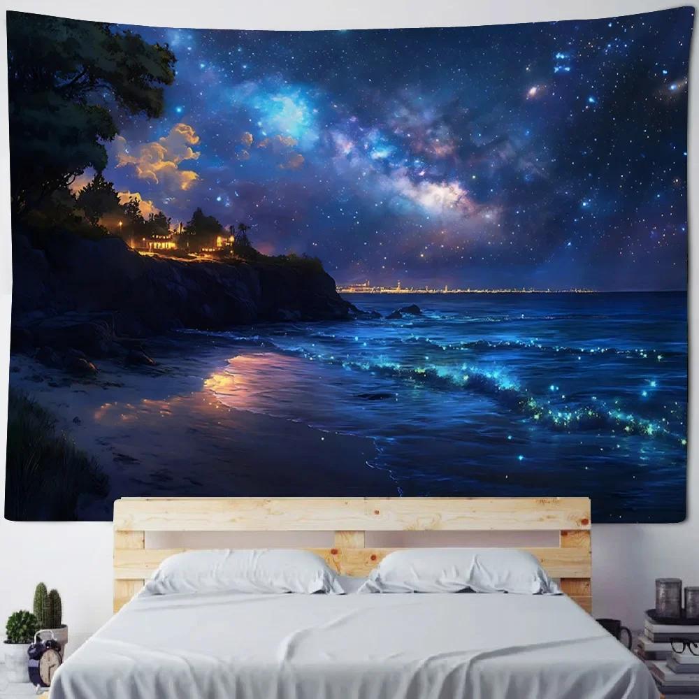 Sea Starry Sky Tapestry Wall Hanging Aurora Home Decoration Background Cloth Bedroom Living Room Dormitory Hanging Paintings