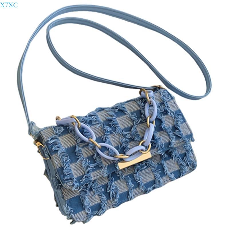 X7XC Korean Shoulder Bag with Adjustable Strap for Womens Chain Handle Denims Tassels Handbag Checkered Jeans Crossbody Purse