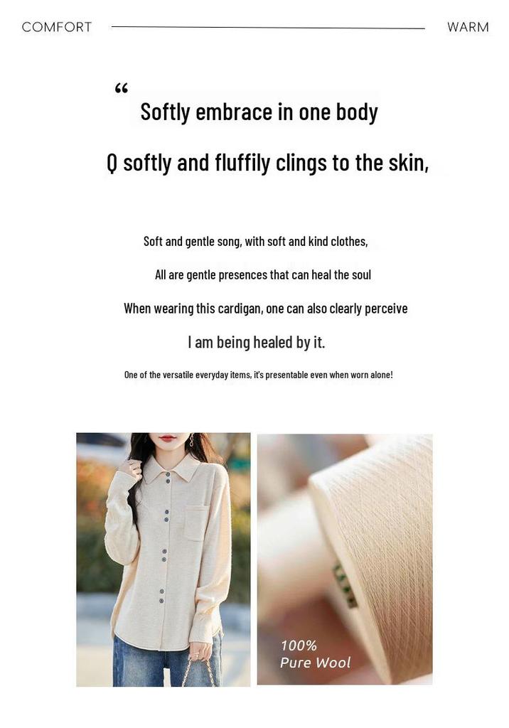 Women's Pure Wool Knit Cardigan Jacket - Spring/Autumn 2025 POLO Collar, Korean Style, Slimming, Loose Fit, Button-Up Sweater