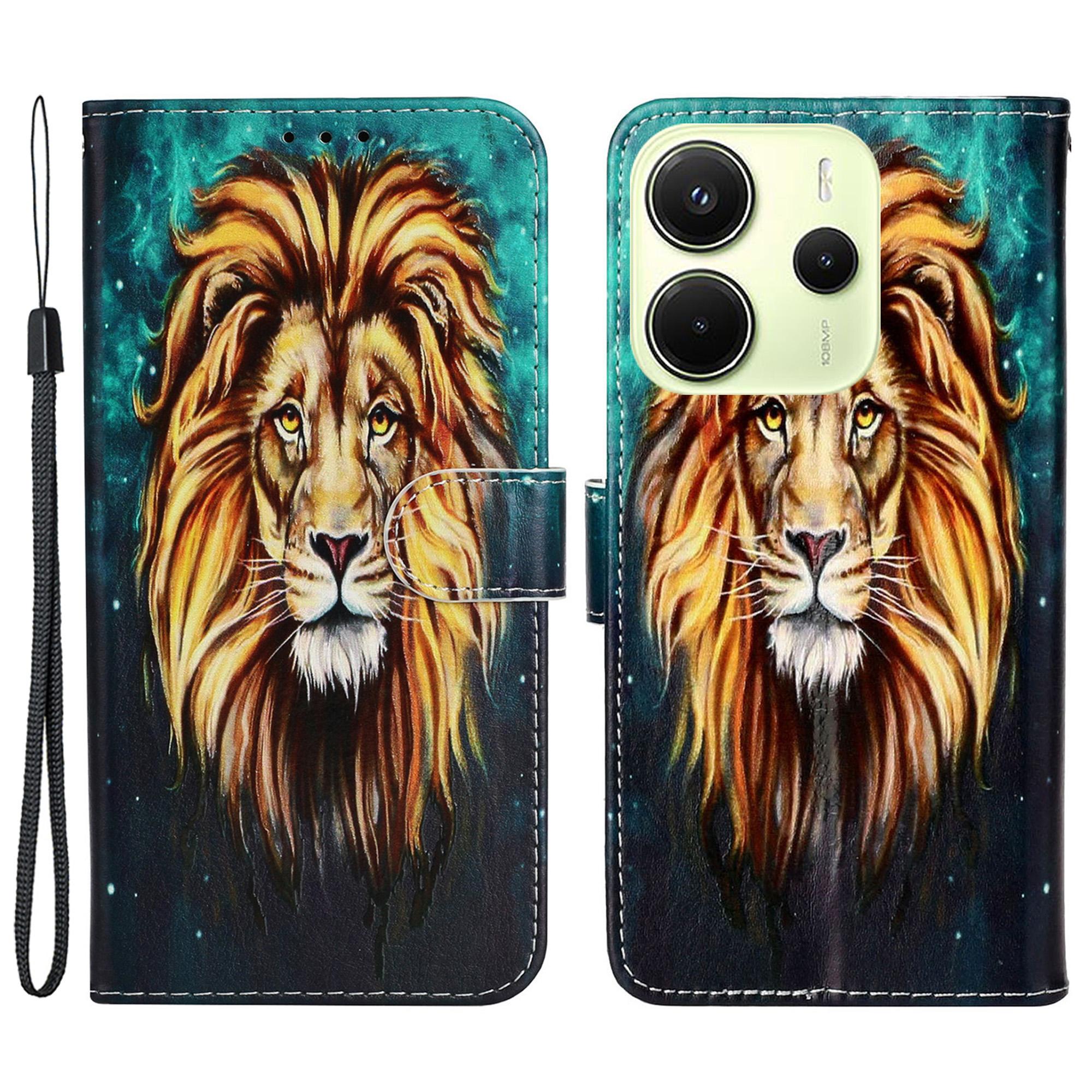 

For Xiaomi Redmi Note 14 4G (163.25x76.55x8.16mm) Case Pattern Leather Wallet Phone Cover Lion