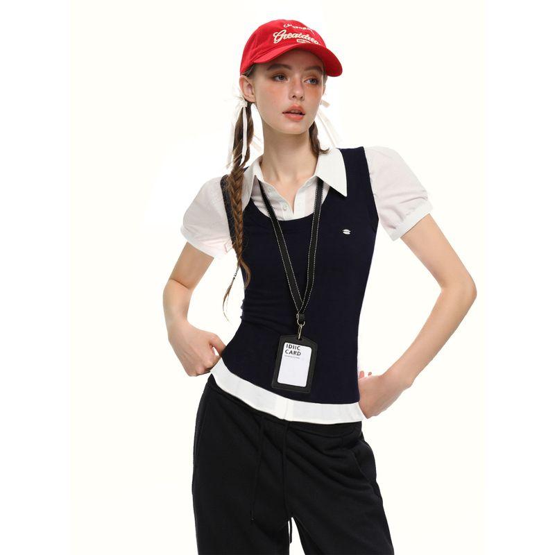 Shiyiyue American-Style Fake Two-Piece Vest Shirt for Women, Summer College Style, Regular Shoulder, Slim-Fit Design, Short-Sleeve Shirt
