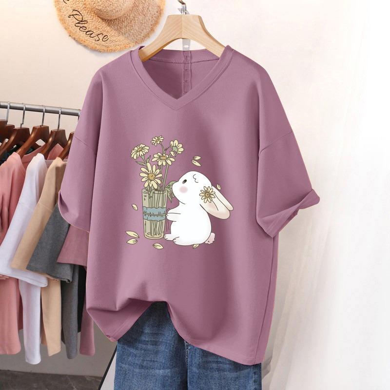 Dámské tričko s krátkým rukávem, volného střihu, zeštíhlující top s potiskem a výstřihem do V