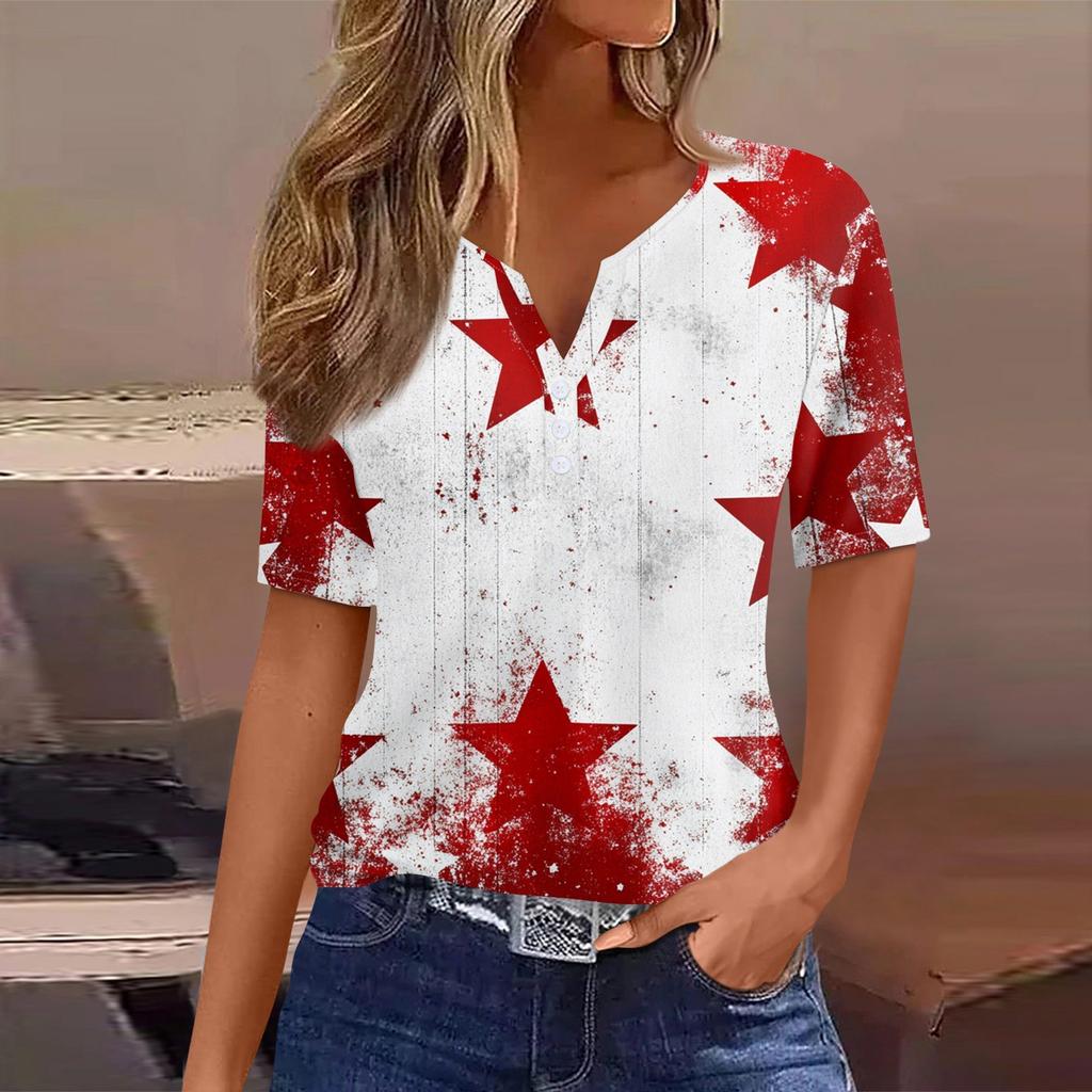 Women's T Shirt Tee Independence Day Print Button Short Sleeve Daily Weekend Fashion Basic V-Neck Regular Top