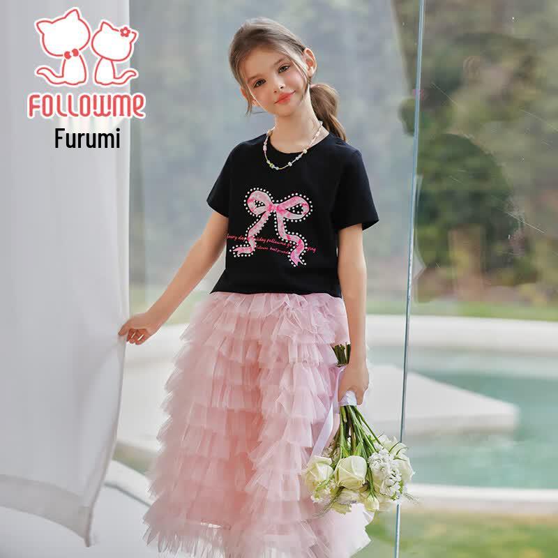 FULUOMI Girls' Summer Printed Short-Sleeve Mesh Skirt Two-Piece Set