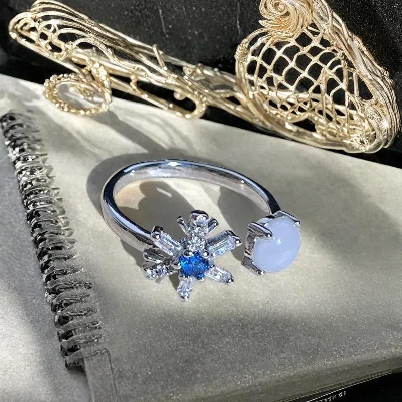 Delicate Serpentine Moon Open Ring Full Of Diamonds, Diamond-Set Zircon Light Luxury, High-End Design, Niche Design, Ring Woman