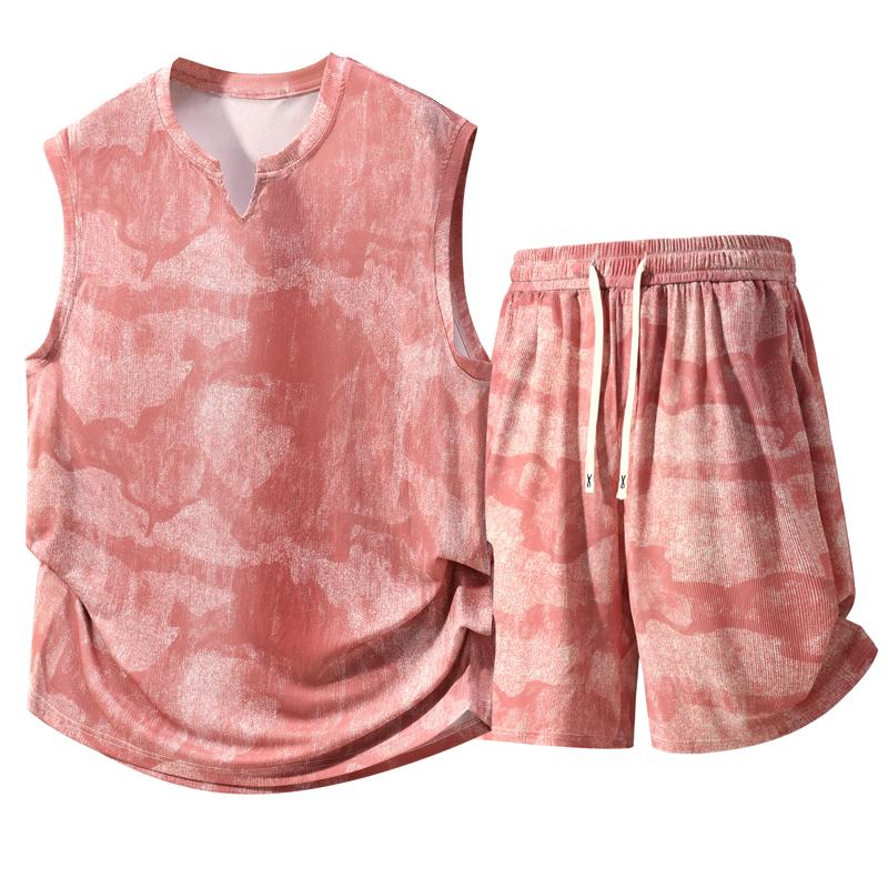 

Plus Size 4XL-10XL Fashion Summer Set 2 Piece Man Sleeveless T-shirts Casual Oversize Vest Summer Shorts Sets 10XL(150kg-165kg) рожевий