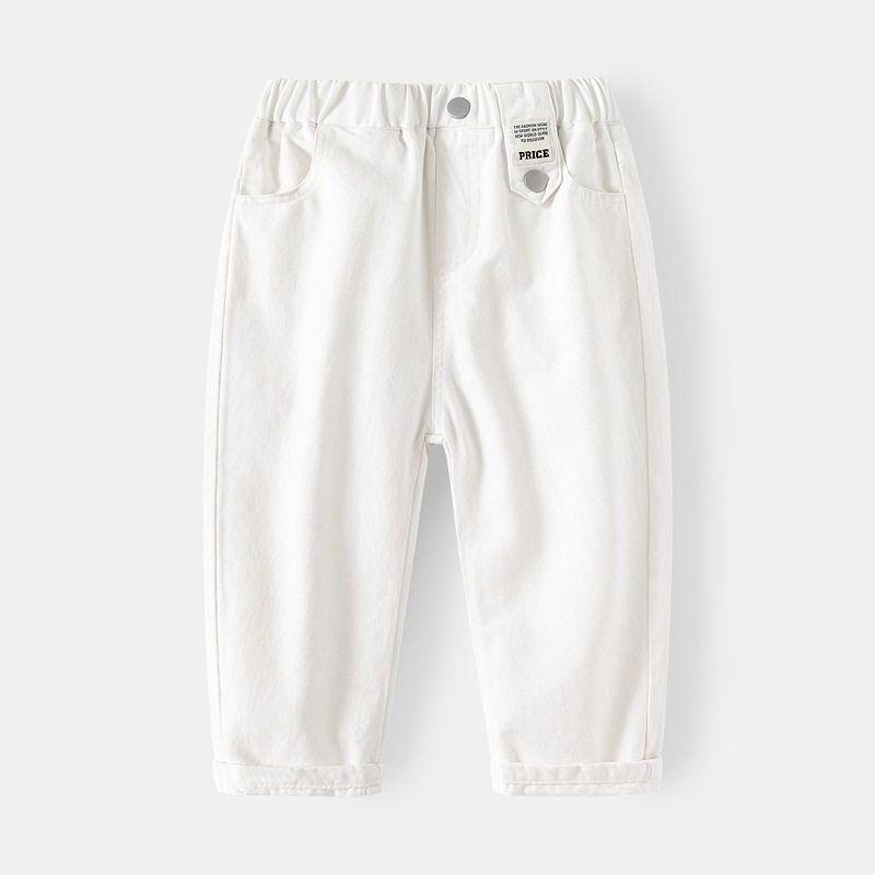 Children's Clothing Spring and Autumn Boys' Casual Pants Kids Solid Color Label Fashion Pants Baby Boys Low-Waist Elastic Waistband Long Pants