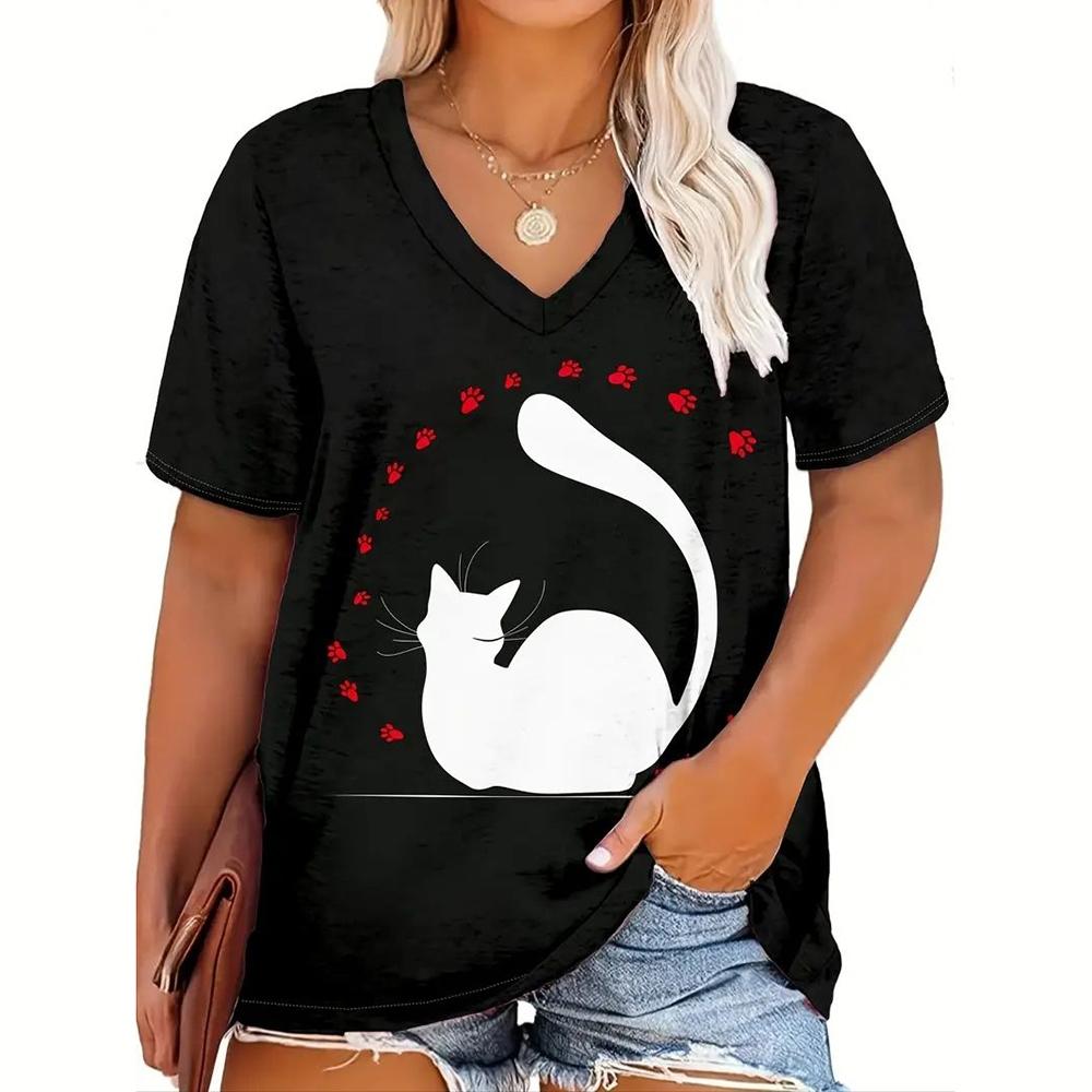 Dámská trička Kočky Tisk Ležérní Výstřih Krátký rukáv Volný Top Dámské Kreslené Oblečení Zvířata Móda Dívčí trička nadměrné velikosti