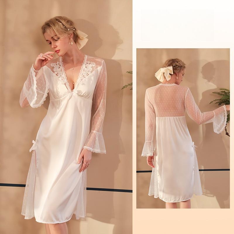 Fairy Style Semi-Sheer Backless Nightgown Ice Silk Mesh Polka Dot Slim Fit Long Cami Loungewear 535 Dreamy Lightweight Sleepwear for Summer Nights