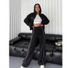 Damen 2-teiliger Freizeit-Sportanzug: Langärmliger Strickpullover mit halbem Rollkragen + Gestreifte Schnürhose
