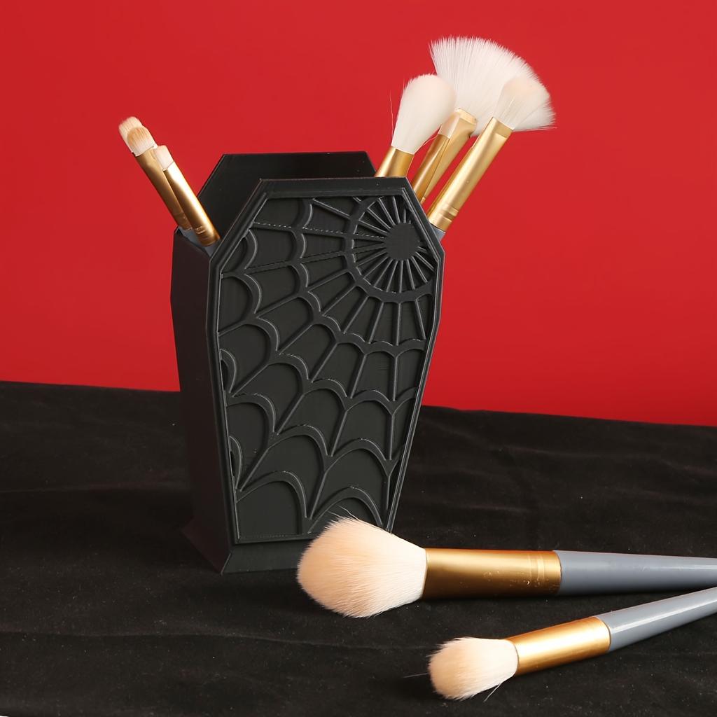 Gothic Coffin-Shaped Spider Web Makeup Brush Holder Lightweight Plastic Desk Organizer for Vanity Office Decor Brush Holder
