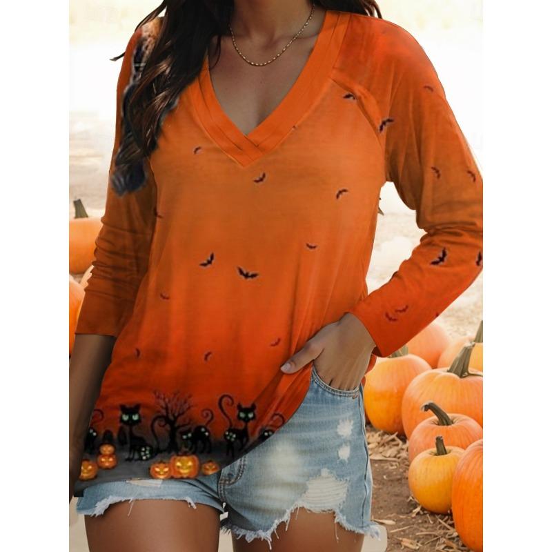 2025 Women's T-Shirts Halloween Ghost Graphic Elegant Vintage Tees Long Sleeve T-shirts V-Neck Regular Tops Casual Pullover